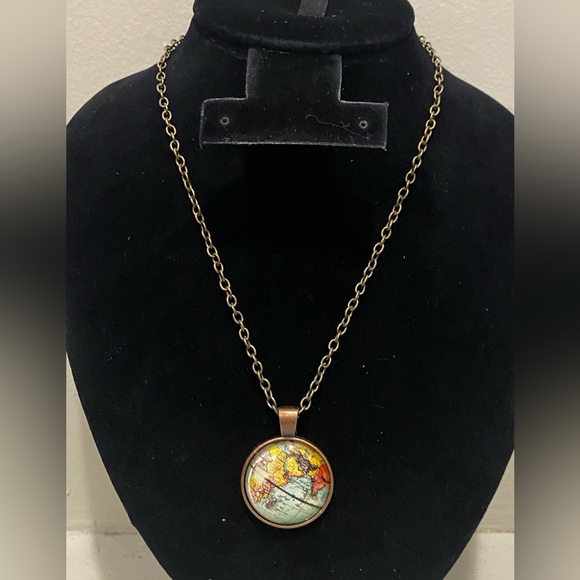 Vintage Map Bubble Dome Pendant Antique Bronze Necklace 16 1/2” - Picture 1 of 1